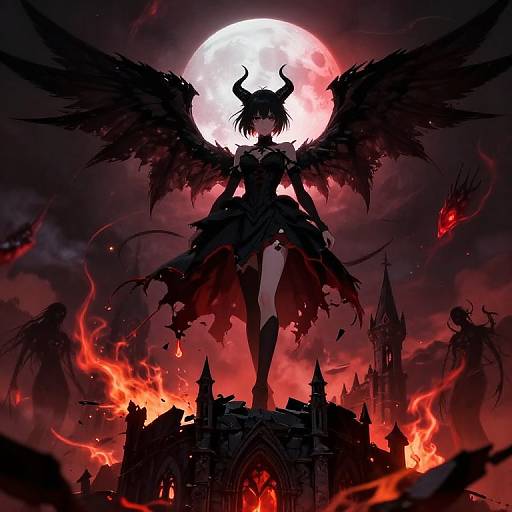 Dark angel with black wings and horns stands silhouetted against a full moon, surrounded by red flames and a burning castle. Digital anime art.