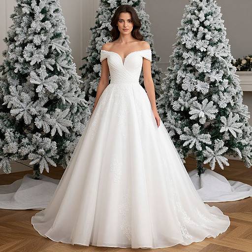 Photograph of a brunette woman in a white, off-the-shoulder, ball-gown wedding dress, standing between two frosted Christmas trees in