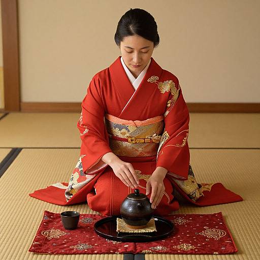 Photograph of a Japanese woman in a red kimono with gold floral patterns, sitting on a tatami mat, pouring tea from a black teapot
