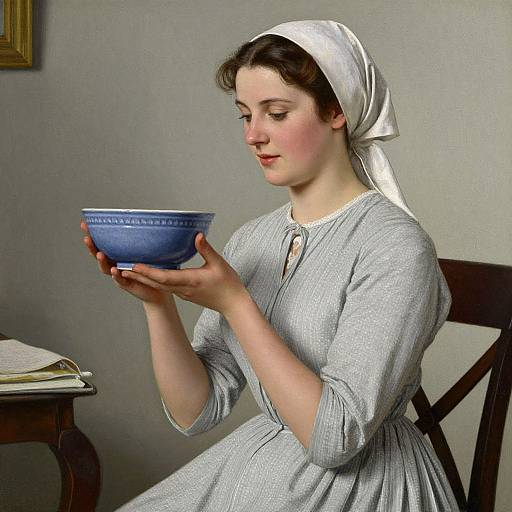 Photorealistic digital painting of a pale-skinned woman in a white headscarf and light gray dress, holding a blue bowl, seated at a