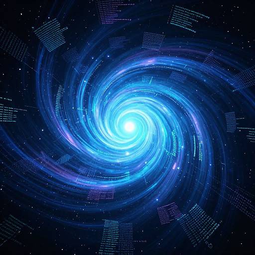Digital art of a glowing blue spiral galaxy with white stars and neon-like text lines swirling inward, set against a dark cosmic background.