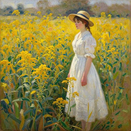 Impressionist painting of a young woman in a white dress and straw hat standing in a vibrant yellow wildflower field.