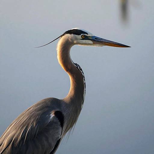 Photograph of a graceful heron with sharp black and white plumage, long neck, and pointed beak, against a soft blue sky.