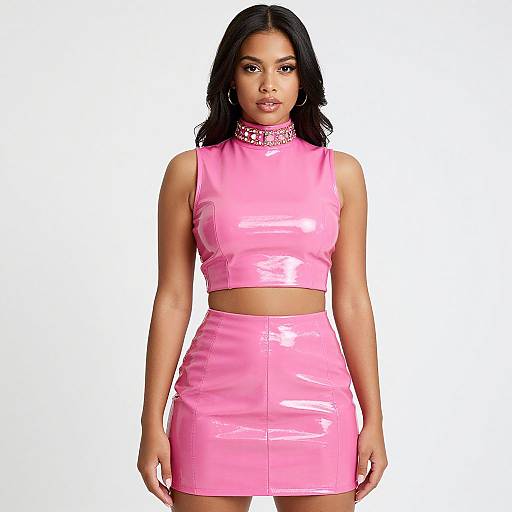 Photograph of a young Black woman with medium brown skin, wearing a shiny pink latex crop top and matching mini skirt, silver choker, and hoop