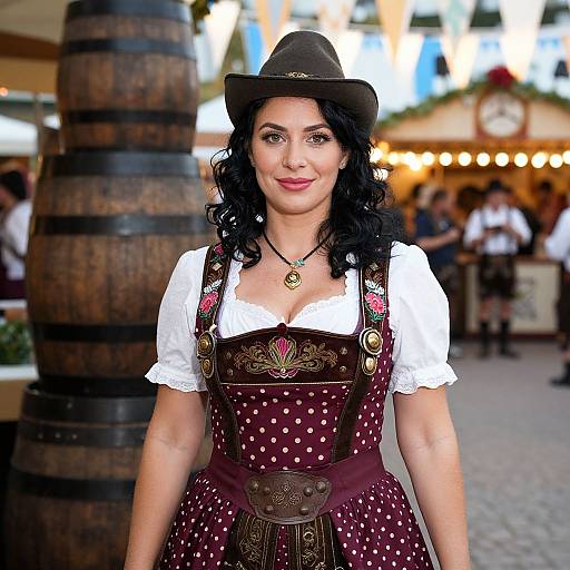 Photograph of a smiling woman with curly black hair, wearing a brown Bavarian hat, white blouse, and maroon polka-dot dress with intricate