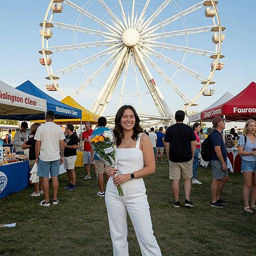 Photograph of a smiling woman in a white strapless dress holding sunflowers, standing in front of a brightly lit Ferris wheel at a bustling outdoor