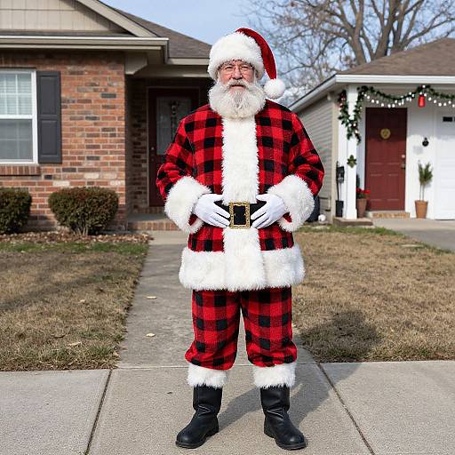Photograph of a bearded, elderly Santa Claus in a red and black plaid suit, white fur trim, black boots, standing on a suburban