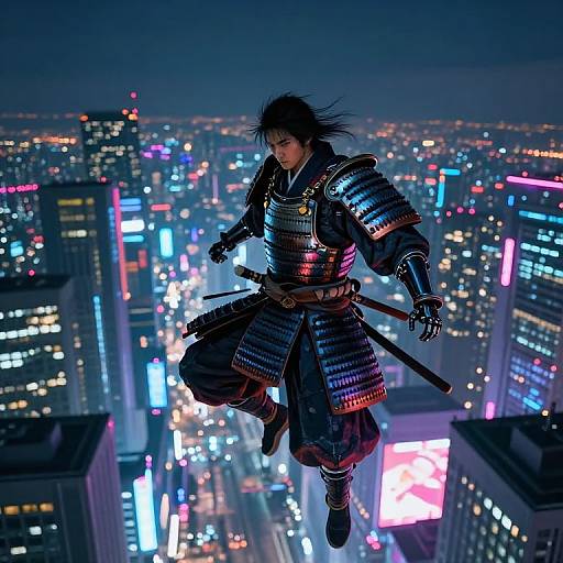 Digital painting of a samurai in glowing, metallic armor leaping from a skyscraper at night, with a vibrant cityscape of neon lights below.