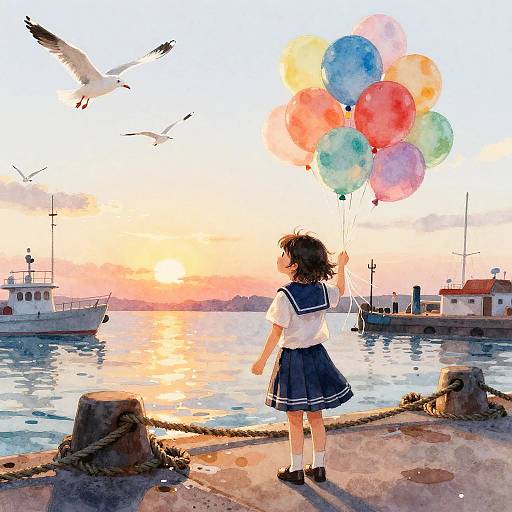 Vintage Sailor Girl at Sunset Pier