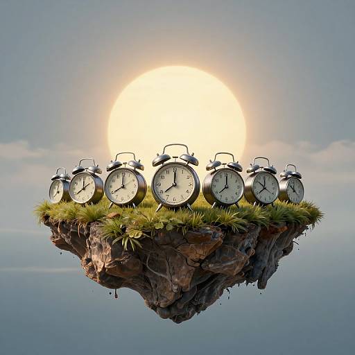 Digital artwork: Ten vintage alarm clocks with black frames and white faces, arranged on a grassy, rocky floating island, illuminated by a bright sun in