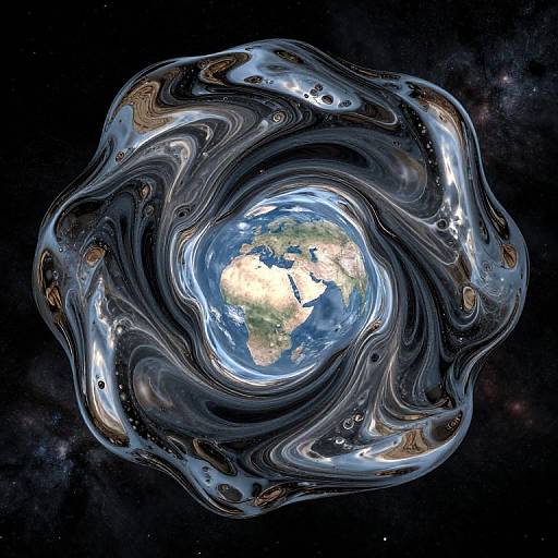 Digital artwork of Earth at center, surrounded by swirling, marbled cosmic waves with dark, light, and metallic textures against a black space background.