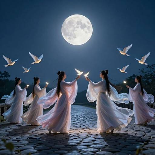 Ethereal Figures Guiding Radiant Birds