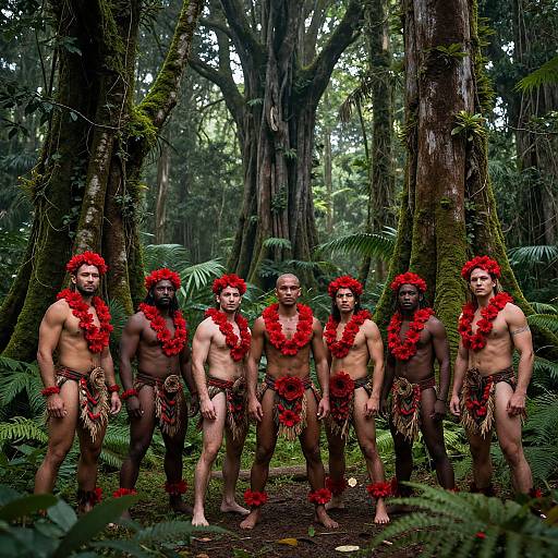 Photograph of six muscular, shirtless men with red flower leis and grass skirts standing in a dense, lush forest.