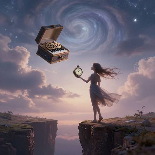 Fantastical digital art: Silhouetted girl with flowing dress stands on cliff, holding pocket watch, with floating treasure box and swirling galaxy above