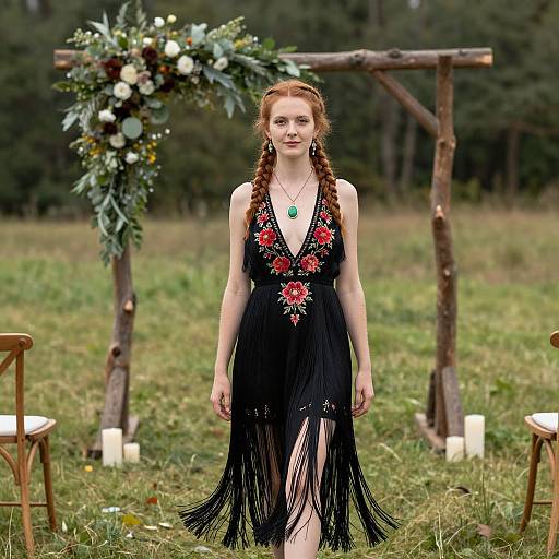 Photograph of a red-haired woman in a black fringe dress with red floral embroidery, standing in a grassy field before a rustic wooden arch with floral