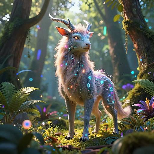 Digital art of a glowing, mystical, horned wolf-like creature with neon blue patterns standing in a sunlit, enchanted forest.