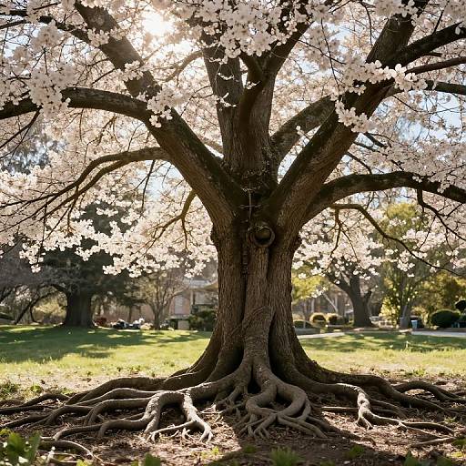 Photograph of a large, sunlit tree with sprawling roots, blooming pink flowers, and a bright green grassy background. Sunlight filters through