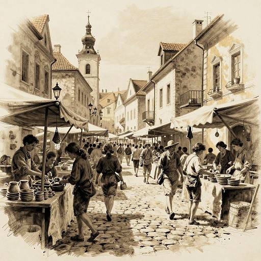 Historic European Marketplace Sketch