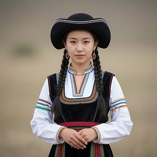 Photograph of an Asian woman with braided hair, wearing a black hat, traditional white blouse, and black dress with colorful embroidery, standing in a