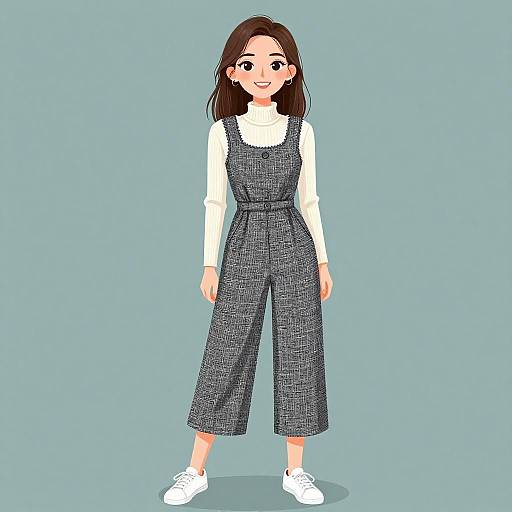 Digital illustration of a smiling woman with long brown hair, wearing a white long-sleeve shirt and blue checkered jumpsuit, standing against a light