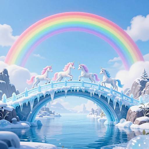 Digital artwork of a snow-covered, icy bridge with four white unicorns standing on it, under a vibrant rainbow, with a calm blue river and snow