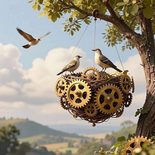 Clockwork Birds in Gear-Laden Tree