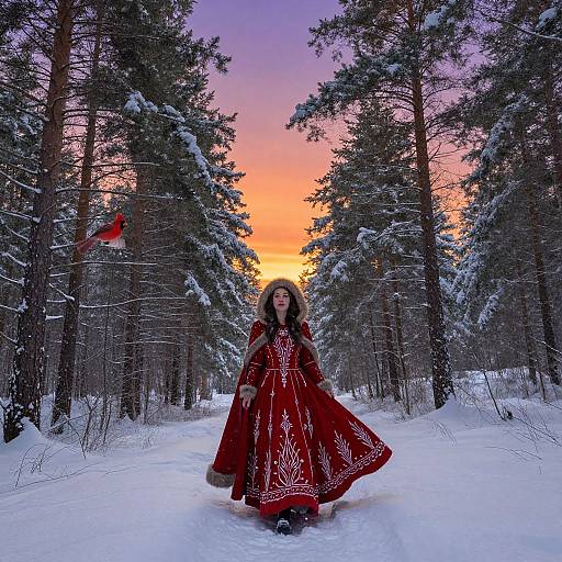 Photograph of a woman with long brown hair, wearing a red, white-embroidered dress, standing in a snowy forest at sunset, surrounded