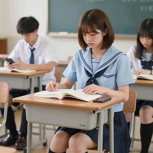 Young Asian Student Reading in Classroom