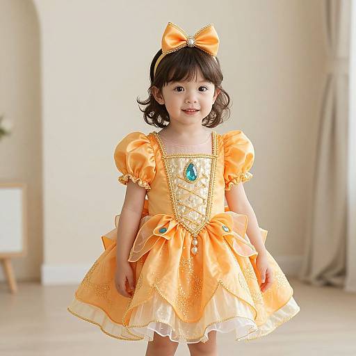 Photograph of a young Asian girl with short black hair, wearing an orange, puffed-sleeve, floral-embroidered dress with a