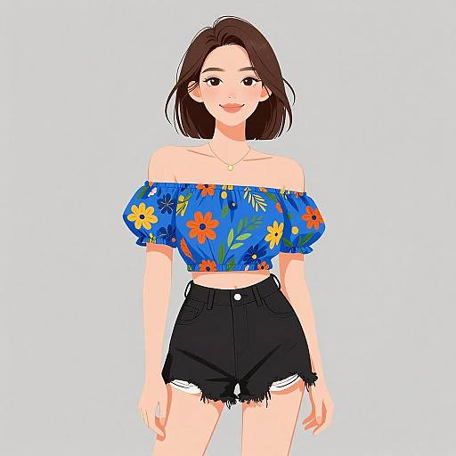 Digital anime-style drawing of a smiling woman with short brown hair, wearing an off-shoulder blue floral top and black high-waist shorts.