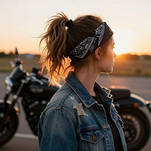 Photograph of a woman with a ponytail, wearing a black bandana and denim jacket, standing in profile beside a motorcycle at sunset.