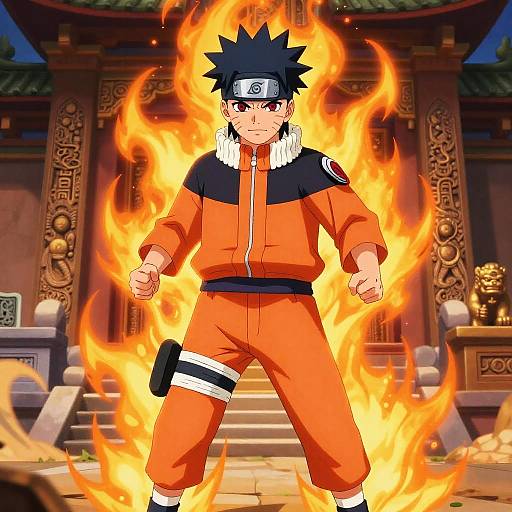 Naruto, anime-style, standing in fiery aura, wearing orange ninja outfit with black stripes, forehead protector, and black hair, in front of