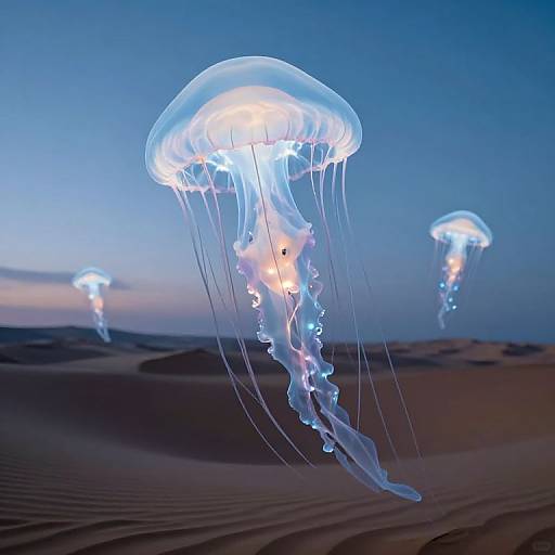 Photograph of glowing blue jellyfish floating above a desert dune at twilight, with two more jellyfish in the background.