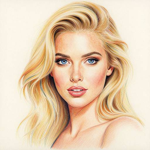 Digital illustration of a beautiful blonde woman with blue eyes, full lips, and wavy hair, set against a white background.