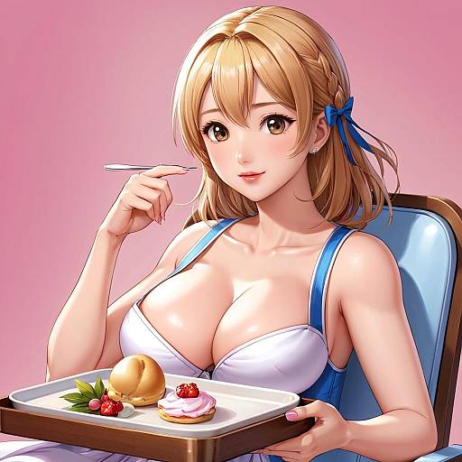 Anime-style digital illustration of a blonde woman with blue ribbon, large breasts in white bra, eating dessert with fork, pink background.