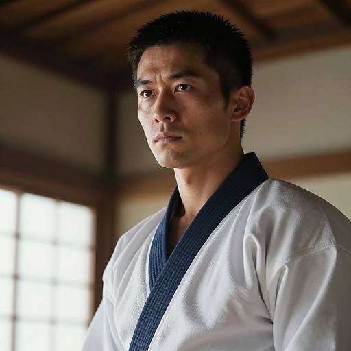 Photograph of serious East Asian martial artist with short black hair, wearing a white gi with dark blue belt, in traditional wooden building.