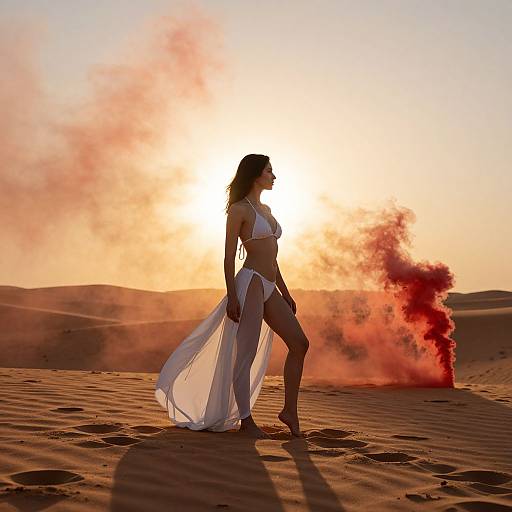 Silhouetted woman in white bikini and flowing veil stands in desert, sun setting behind, red smoke billowing from right. Photograph.