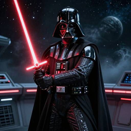 CGI image of Darth Vader holding a glowing red lightsaber, standing in a sci-fi spaceship with a starry space background.