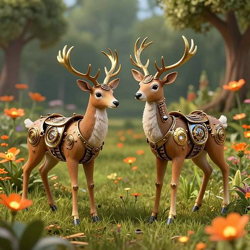 Photorealistic CGI of two ornate, golden antlered deer with intricate armor-like designs, standing in a vibrant, sunlit forest clearing with