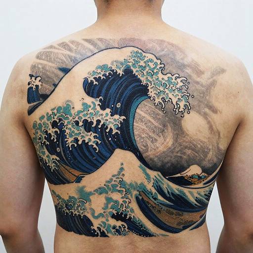 Photograph of a tattooed male back featuring a large, detailed Hokusai-style wave from 