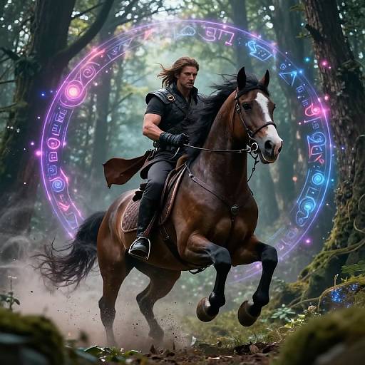Magical forest scene: muscular man with long brown hair, black outfit, riding galloping brown horse, surrounded by glowing purple-blue runes.