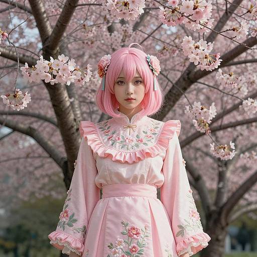Anime-Style Woman in Pink Floral Dress with Cherry Blossoms