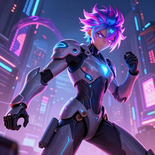 Cyberpunk anime-style digital artwork of a muscular, neon-lit, android-human hybrid with pink and blue spiky hair, glowing blue eyes,