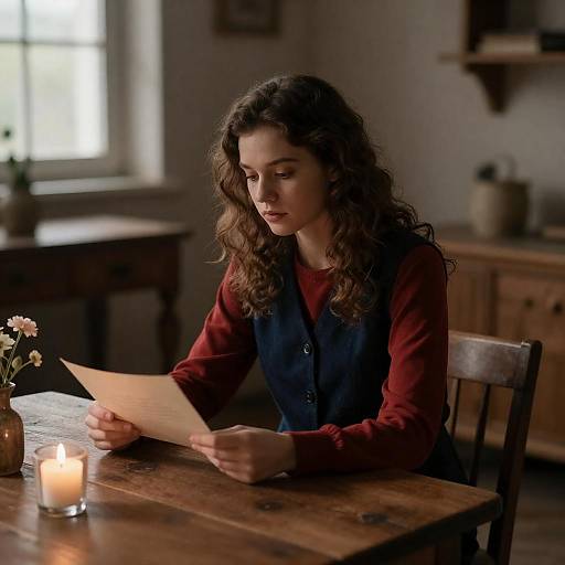 Young Woman Reading Candlelit Letter