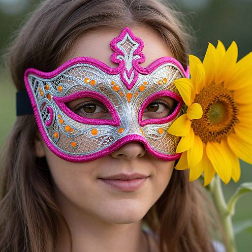 Photograph of a young woman with brown hair, wearing a silver and pink masquerade mask adorned with orange dots, featuring a large yellow sunflower