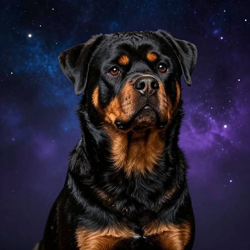 Photograph of a black and brown Rottweiler with shiny fur, serious expression, and starry, cosmic background in deep blues and purples