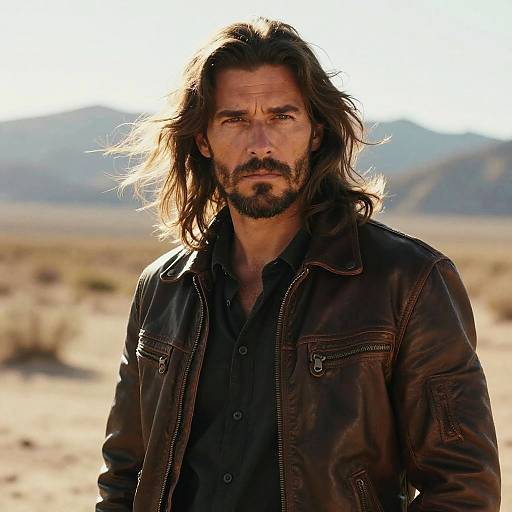 Photograph of rugged, middle-aged man with long brown hair, beard, wearing black leather jacket over dark shirt, standing in sunlit desert with mountains
