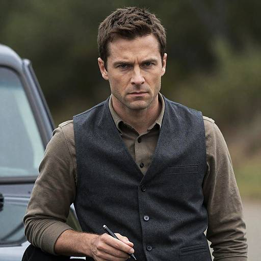 Intense Gaze of a Man with Pen