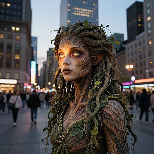Photorealistic CGI of a wild-haired, leaf-crowned woman with glowing eyes in a bustling city street at dusk, blending natural and urban elements.