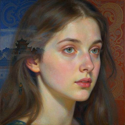 Digital painting of a young woman with fair skin, blue eyes, and long brown hair, set against an ornate, patterned background with a distant